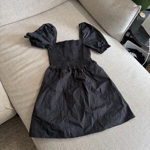 French Connection Black Smocked Puff-Sleeve Dress- 100% Cotton
